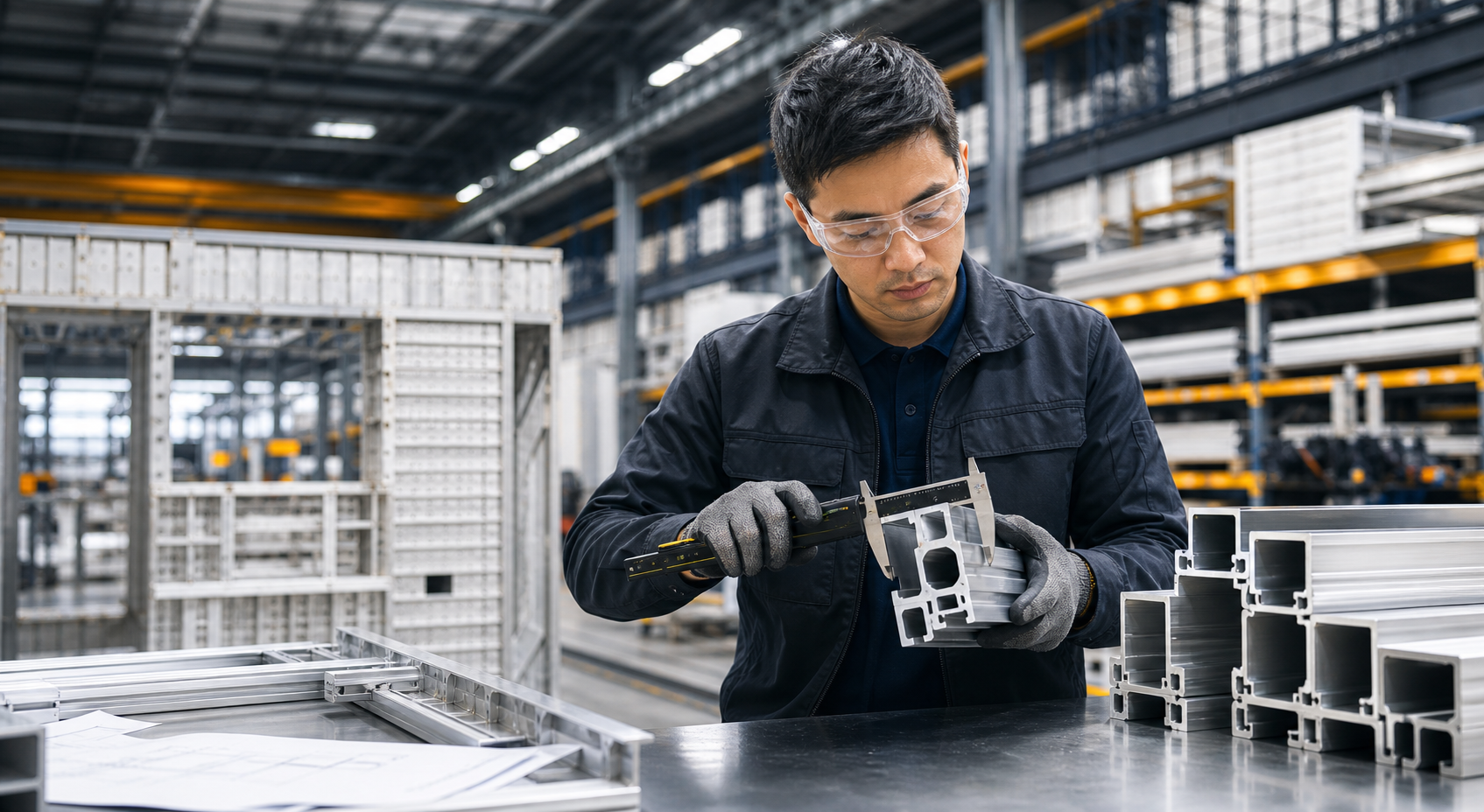 Engineer inspecting precision aluminium profiles in a modern manufacturing facility